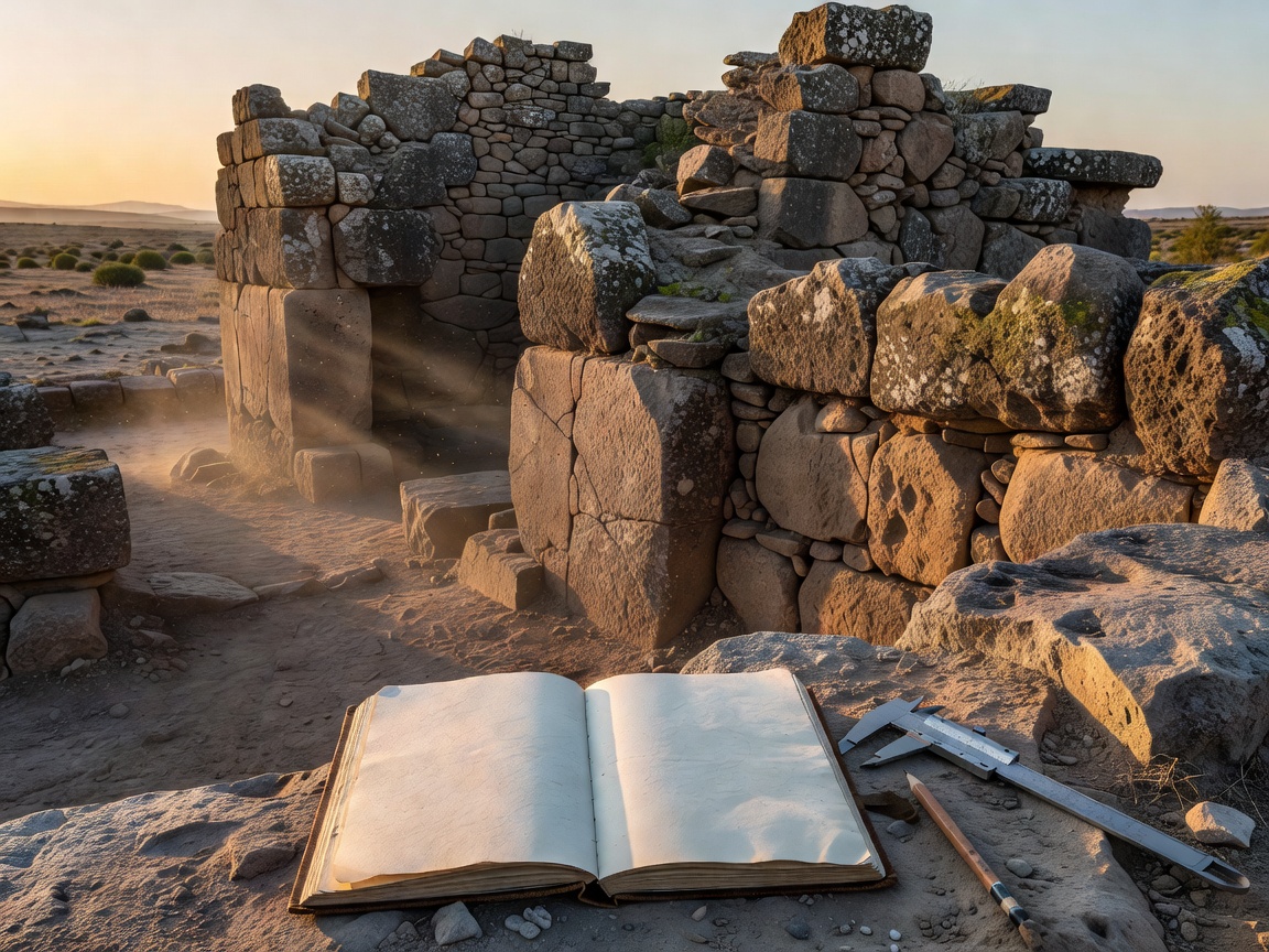 Archaeological field survey notebook and ancient stone masonry ruins under morning light