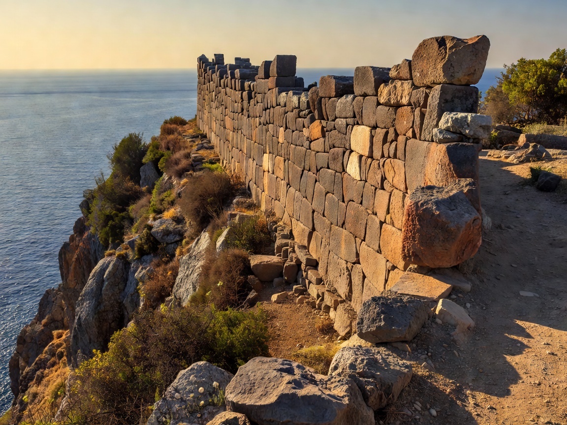 Mycenaean cyclopean stone masonry fortification wall overlooking the Aegean