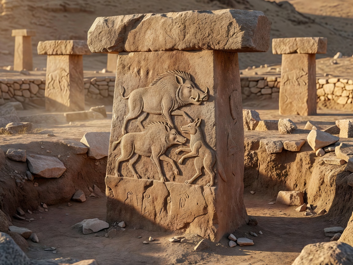 T-shaped limestone pillar with carved animal bas-relief at Gobekli Tepe