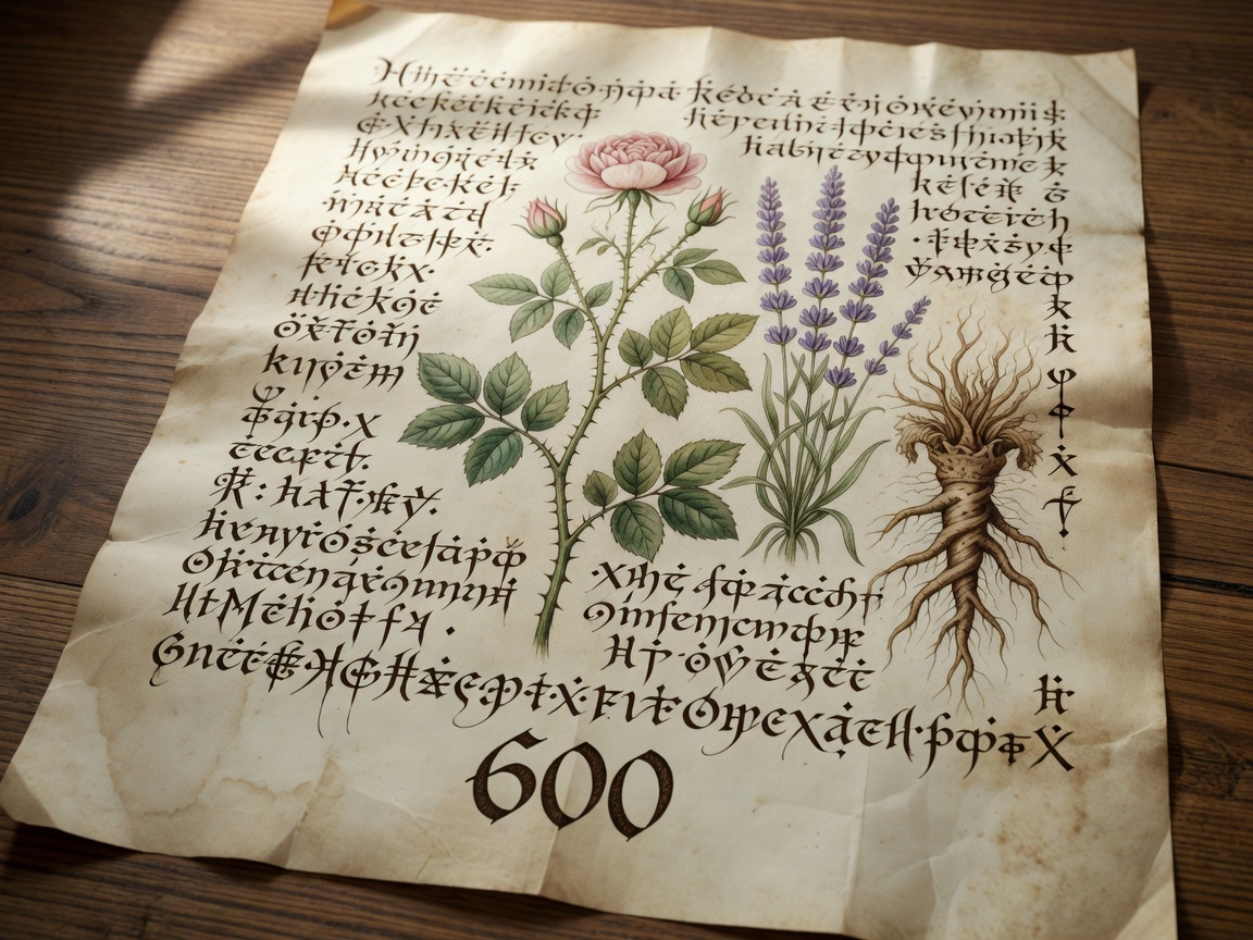 Vellum parchment folio with botanical illustrations and unknown cipher script